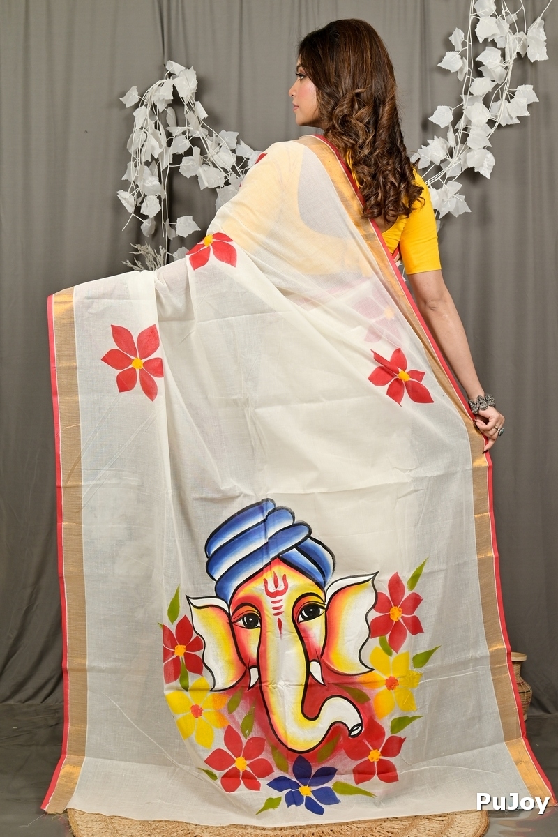 Multi-Coloured Pure Cotton Hataka Hand Painted Saree (9089)