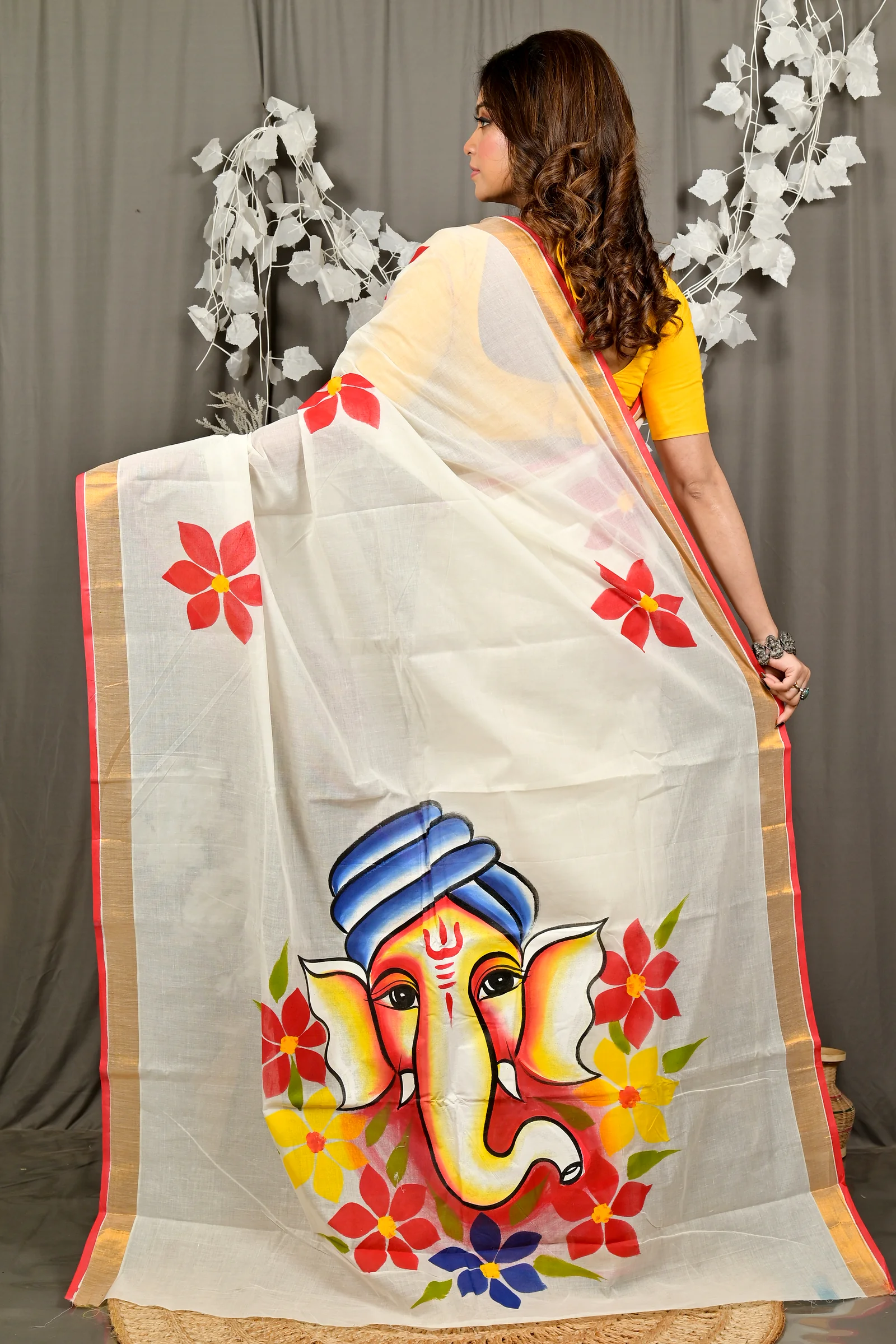 Multi-Coloured Pure Cotton Hataka Hand Painted Saree (9089)