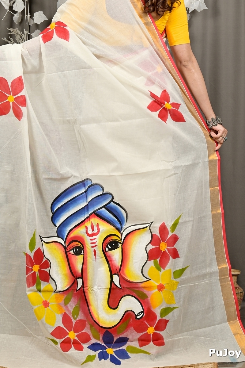 Multi-Coloured Pure Cotton Hataka Hand Painted Saree (9089)