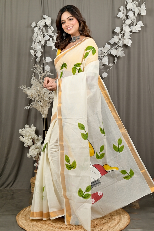 Multi-Coloured Pure Cotton Hataka Hand Painted Saree (9090)