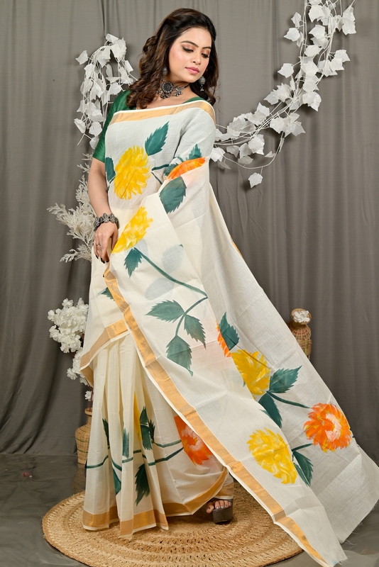 Multi-Coloured Pure Cotton Hataka Hand Painted Saree (9091)
