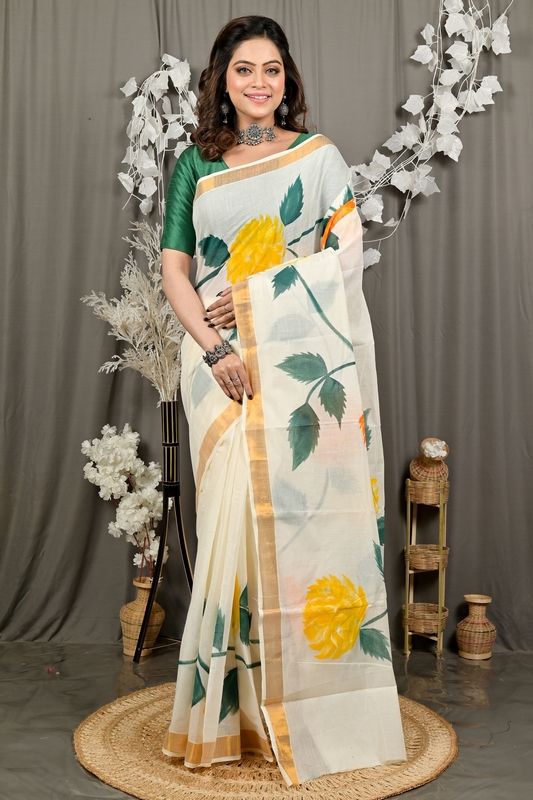 Multi-Coloured Pure Cotton Hataka Hand Painted Saree (9091)