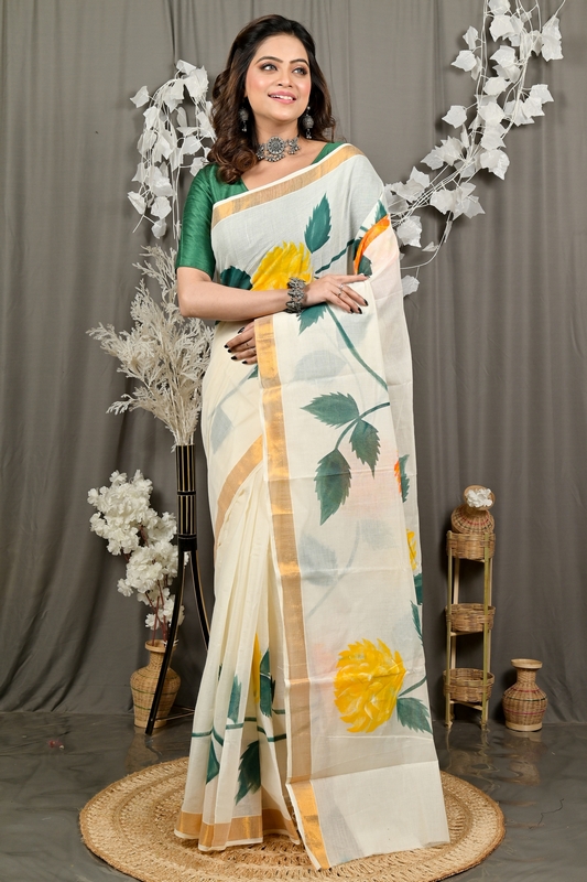 Multi-Coloured Pure Cotton Hataka Hand Painted Saree (9091)