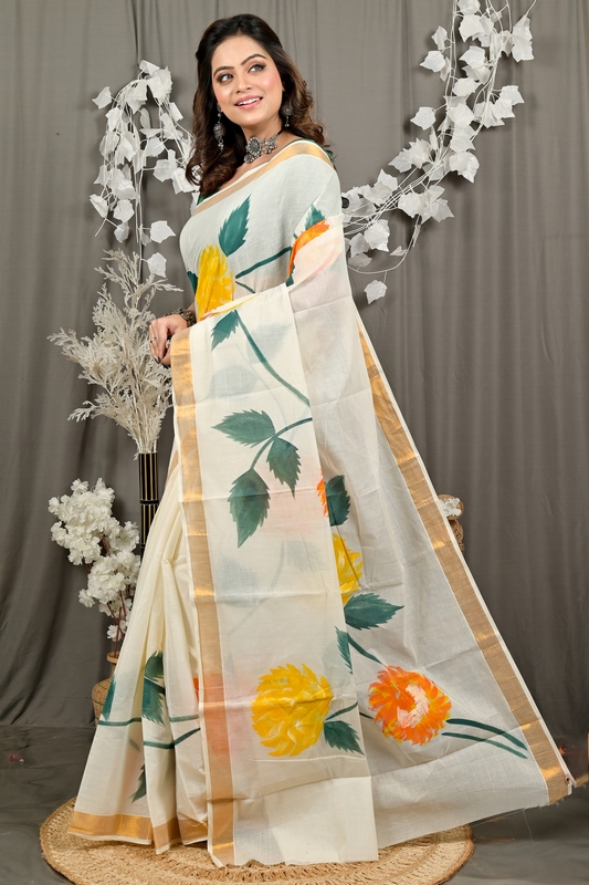 Multi-Coloured Pure Cotton Hataka Hand Painted Saree (9091)