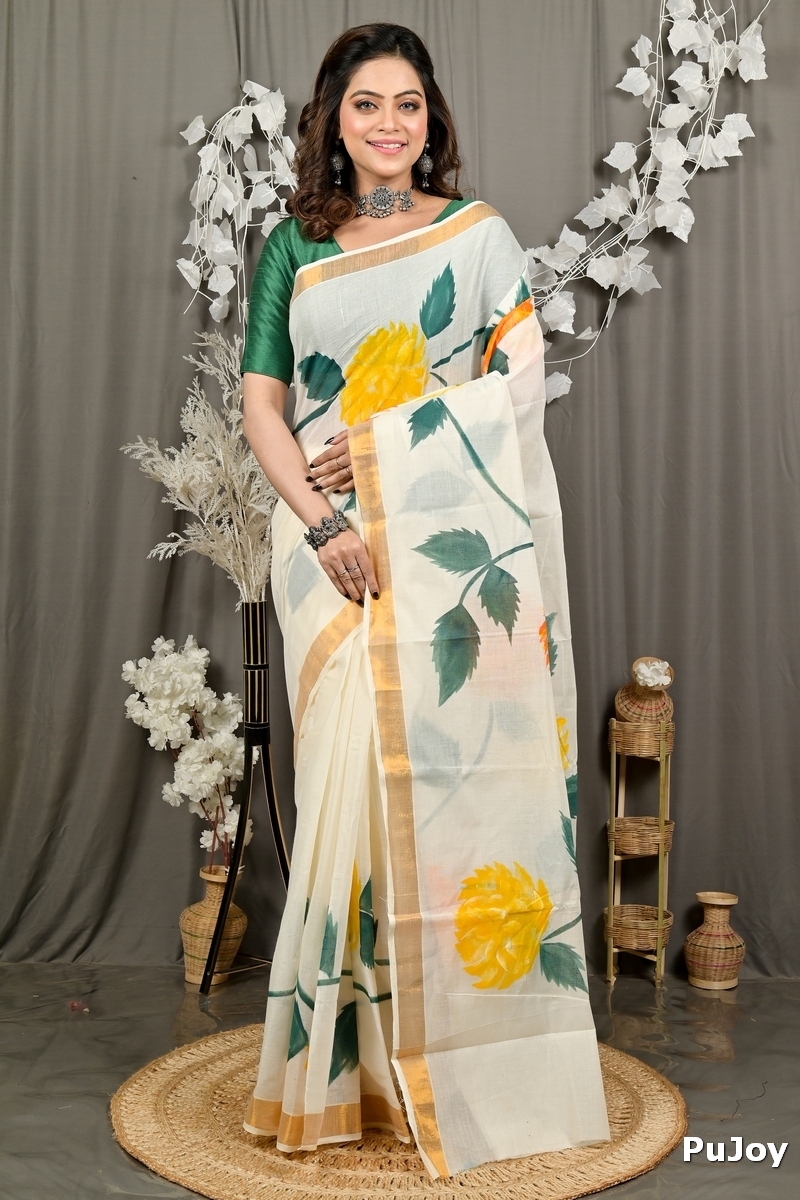 Multi-Coloured Pure Cotton Hataka Hand Painted Saree (9091)
