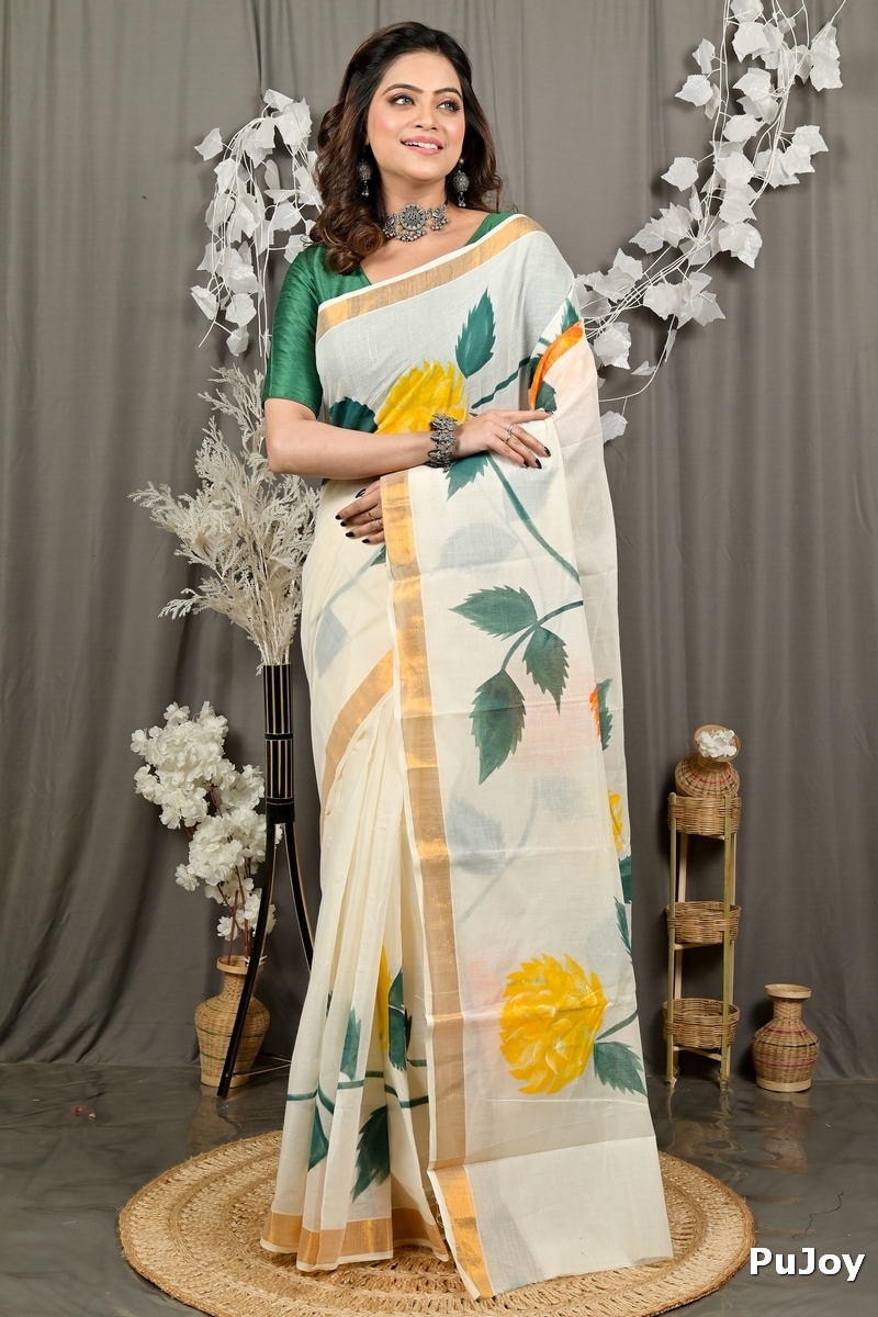 Multi-Coloured Pure Cotton Hataka Hand Painted Saree (9091)