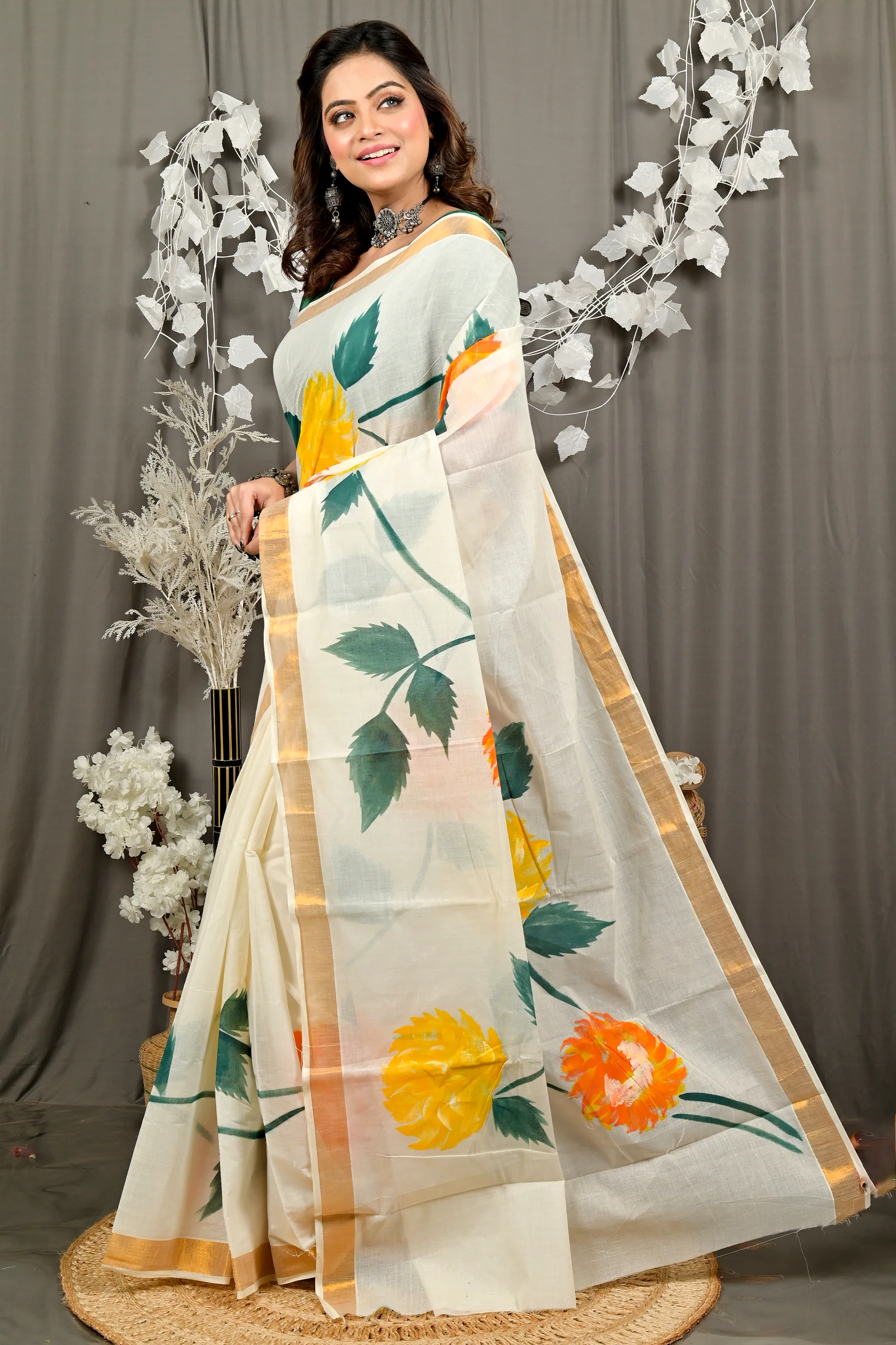 Multi-Coloured Pure Cotton Hataka Hand Painted Saree (9091)