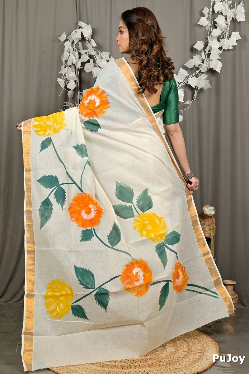 Multi-Coloured Pure Cotton Hataka Hand Painted Saree (9091)
