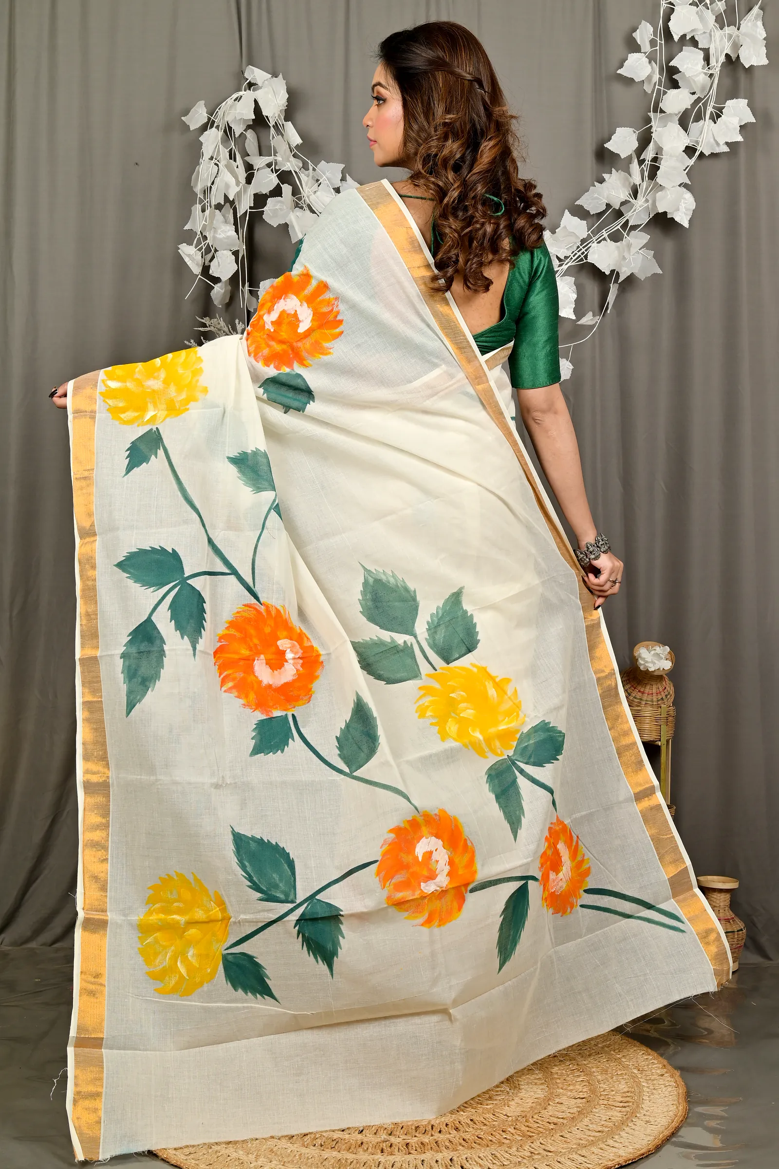 Multi-Coloured Pure Cotton Hataka Hand Painted Saree (9091)
