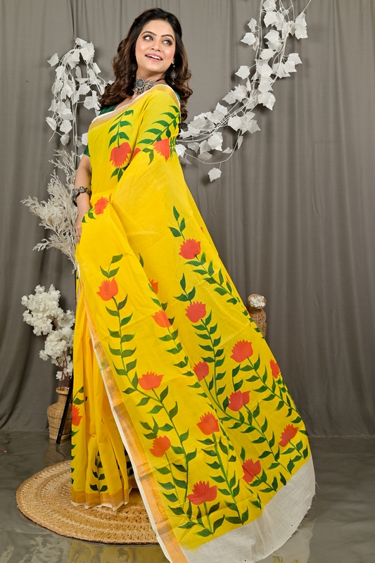 Yellow Pure Cotton Hataka Hand Painted Saree (9092)