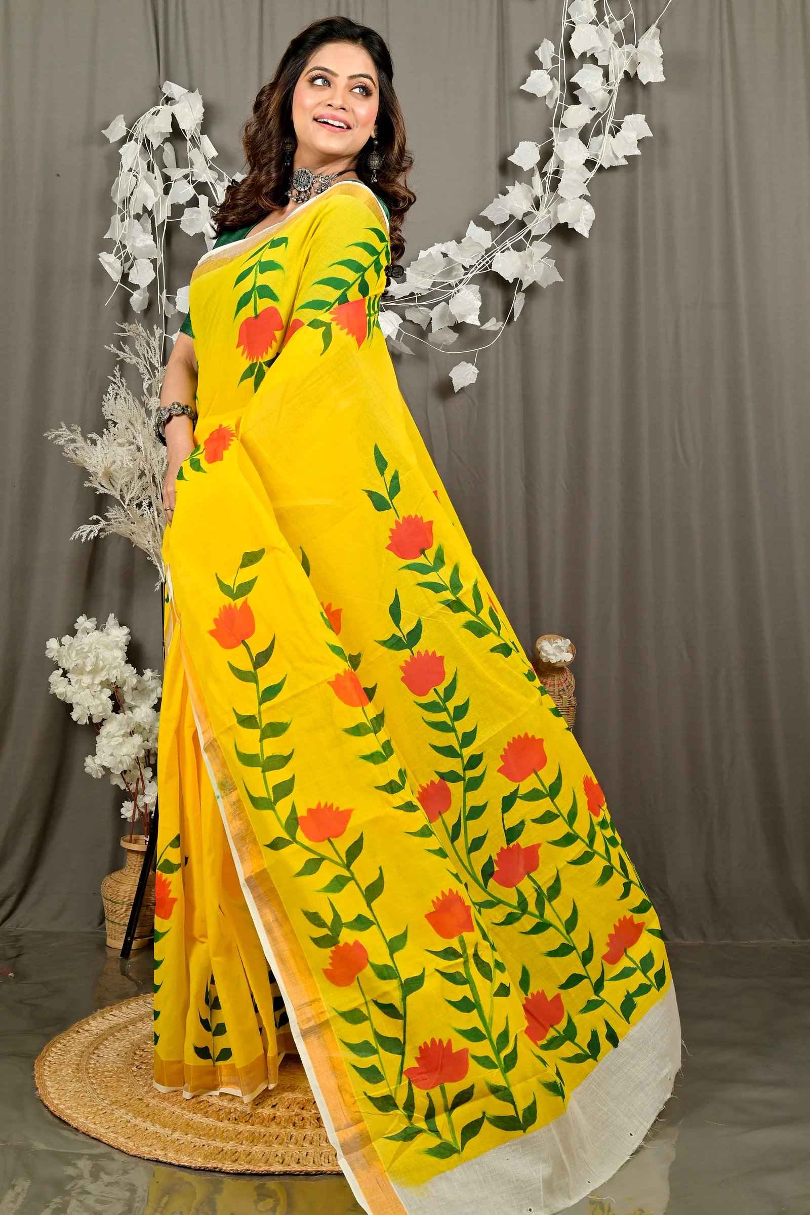 Yellow Pure Cotton Hataka Hand Painted Saree (9092)