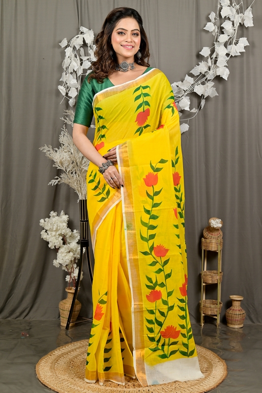 Yellow Pure Cotton Hataka Hand Painted Saree (9092)