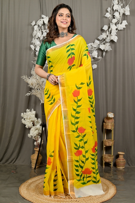 Yellow Pure Cotton Hataka Hand Painted Saree (9092)