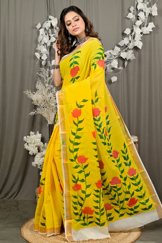 Yellow Pure Cotton Hataka Hand Painted Saree (9092)