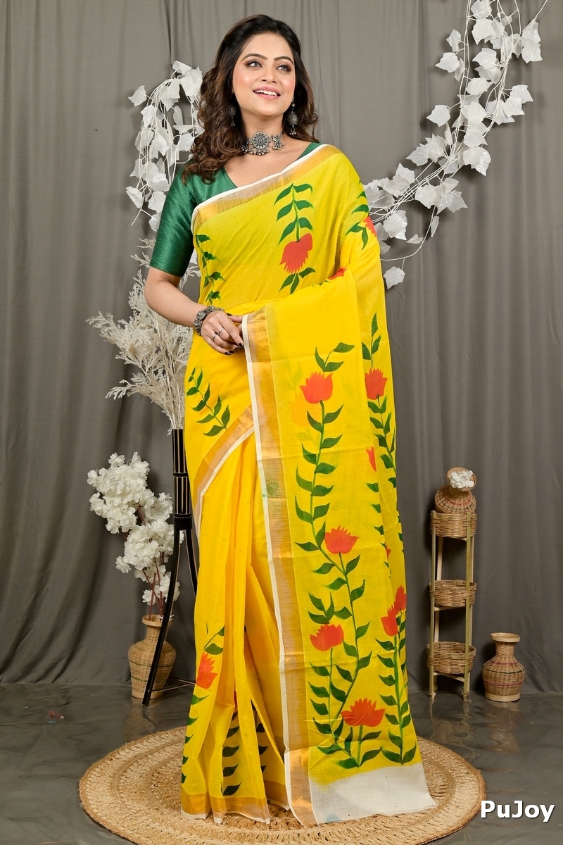 Yellow Pure Cotton Hataka Hand Painted Saree (9092)