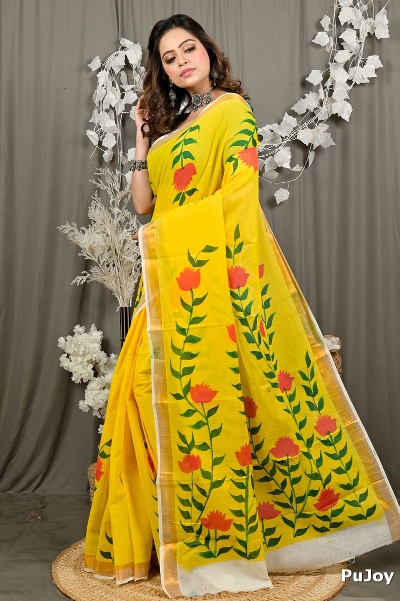 Yellow Pure Cotton Hataka Hand Painted Saree (9092)