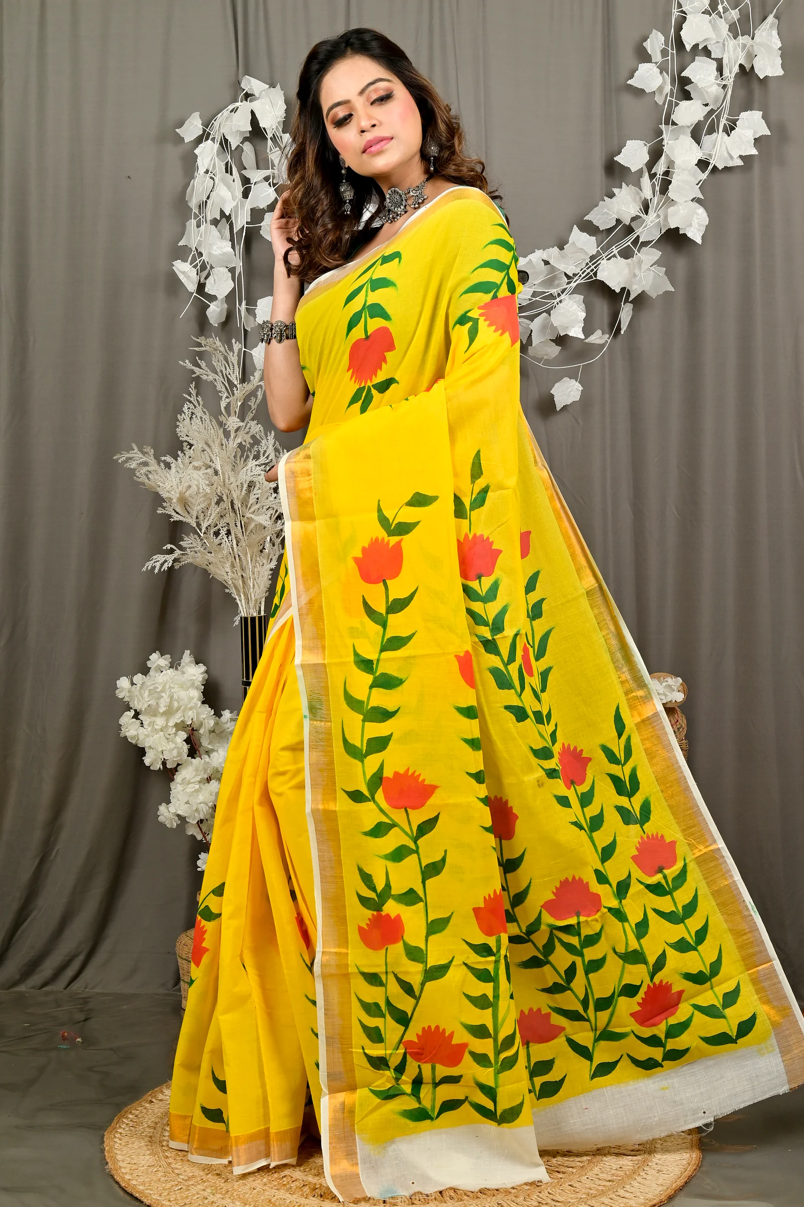 Yellow Pure Cotton Hataka Hand Painted Saree (9092)