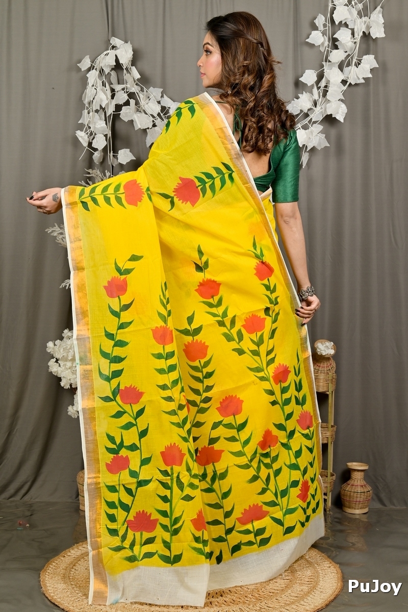 Yellow Pure Cotton Hataka Hand Painted Saree (9092)