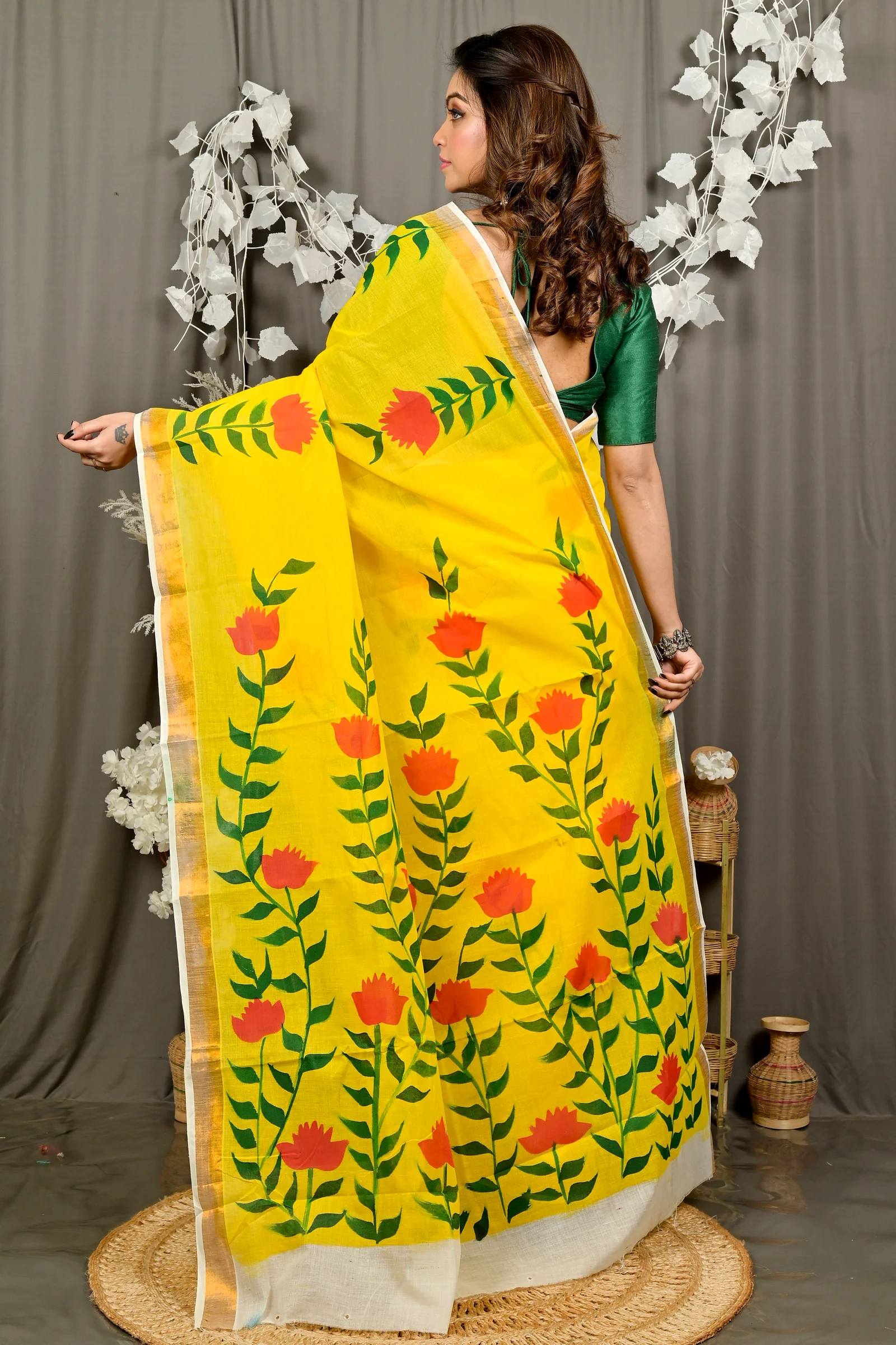 Yellow Pure Cotton Hataka Hand Painted Saree (9092)