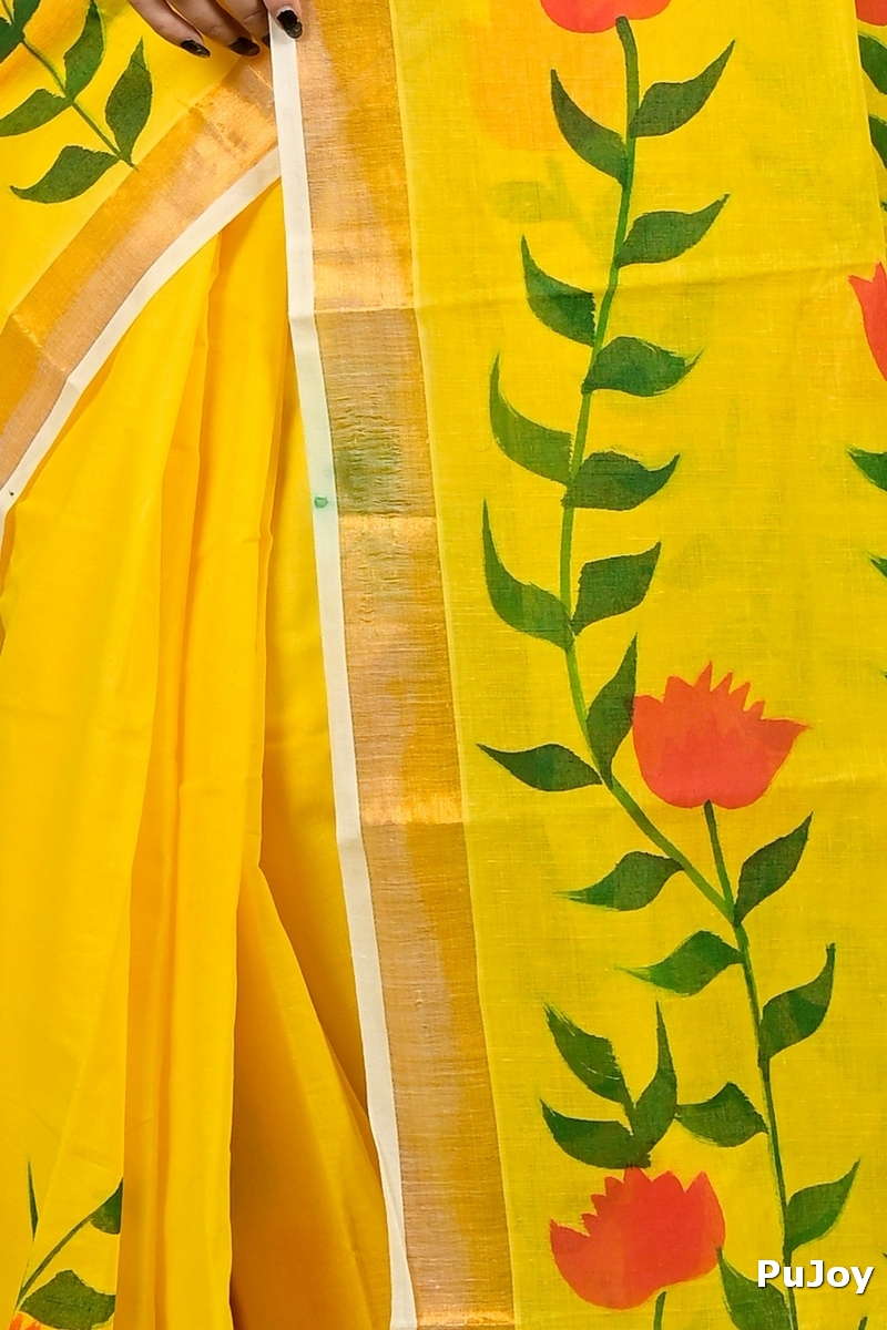 Yellow Pure Cotton Hataka Hand Painted Saree (9092)
