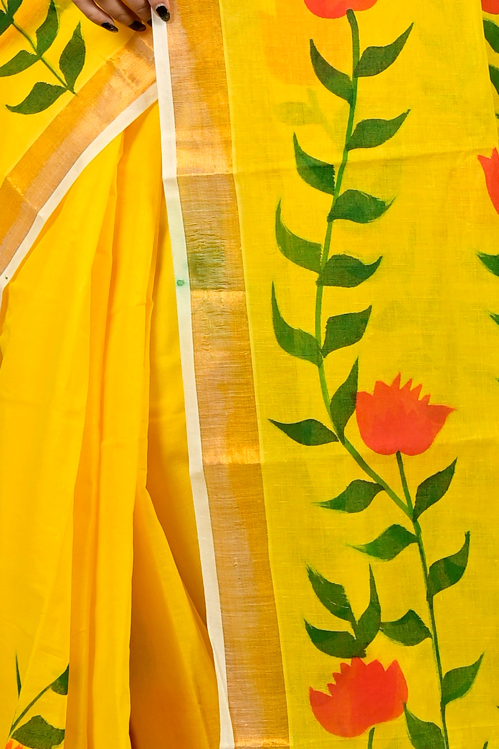 Yellow Pure Cotton Hataka Hand Painted Saree (9092)