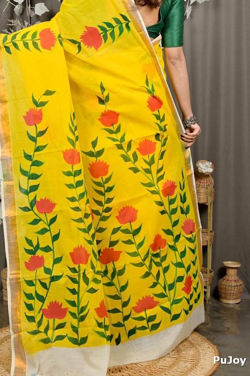 Yellow Pure Cotton Hataka Hand Painted Saree (9092)