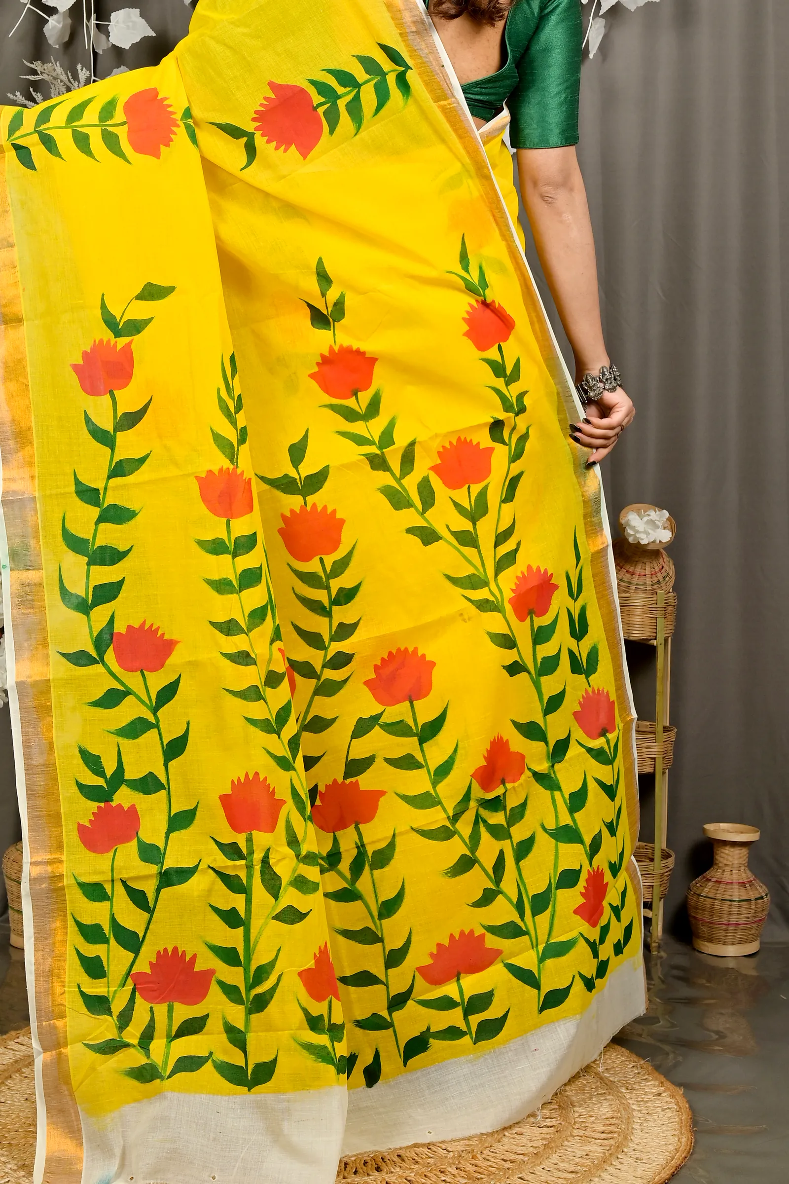 Yellow Pure Cotton Hataka Hand Painted Saree (9092)