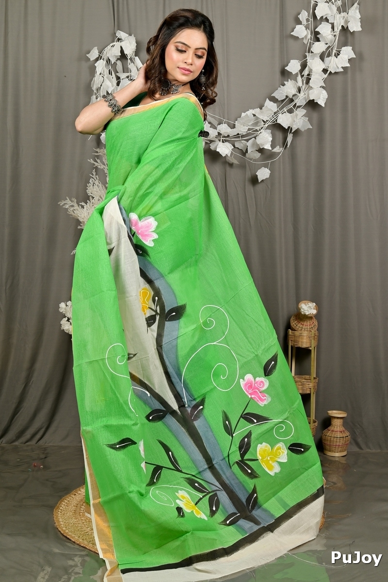 Green Pure Cotton Hataka Hand Painted Saree (9093)