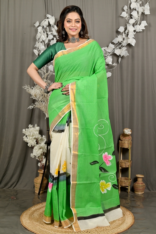 Green Pure Cotton Hataka Hand Painted Saree (9093)