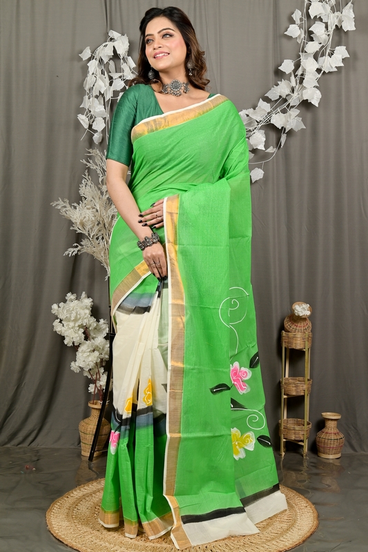 Green Pure Cotton Hataka Hand Painted Saree (9093)