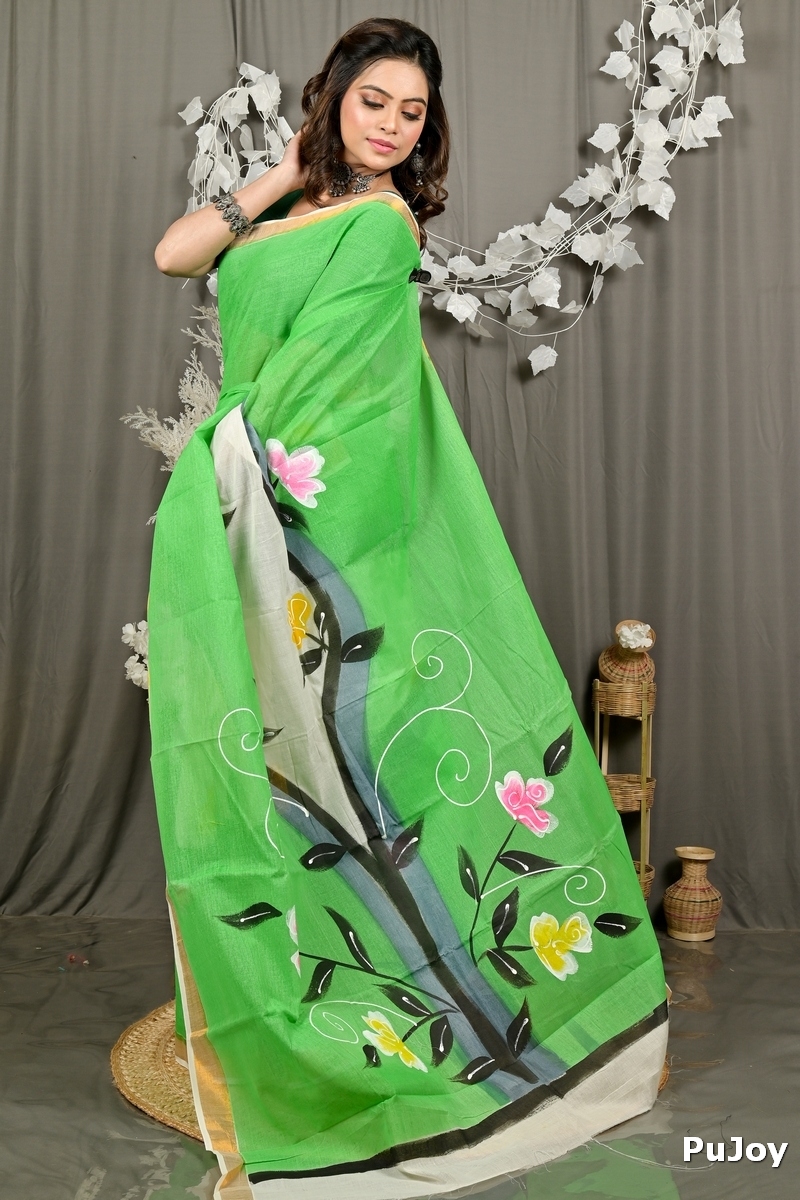 Green Pure Cotton Hataka Hand Painted Saree (9093)