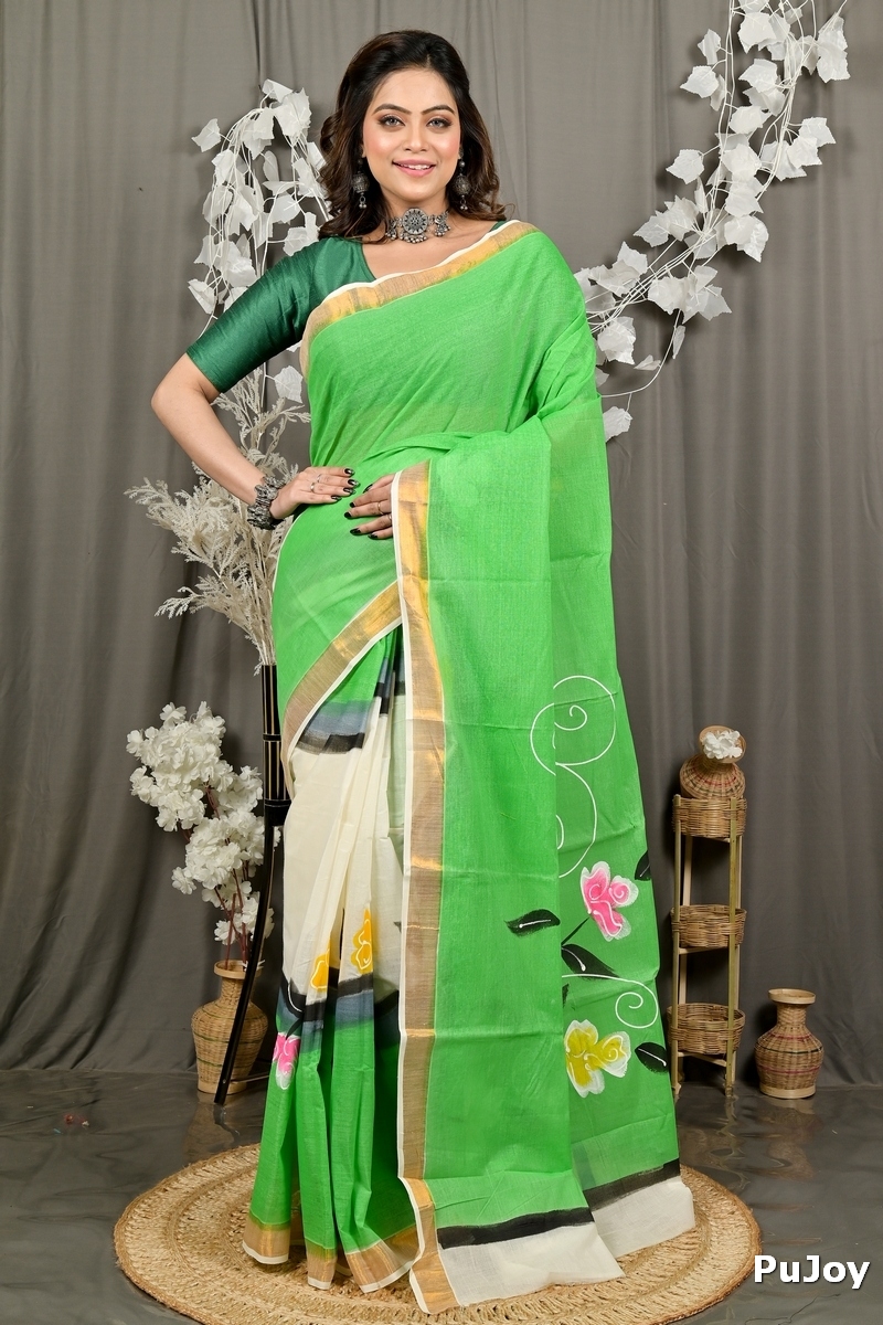 Green Pure Cotton Hataka Hand Painted Saree (9093)
