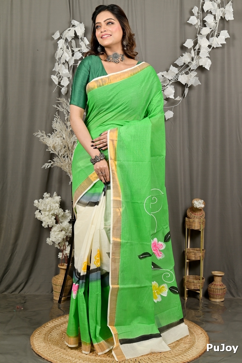 Green Pure Cotton Hataka Hand Painted Saree (9093)