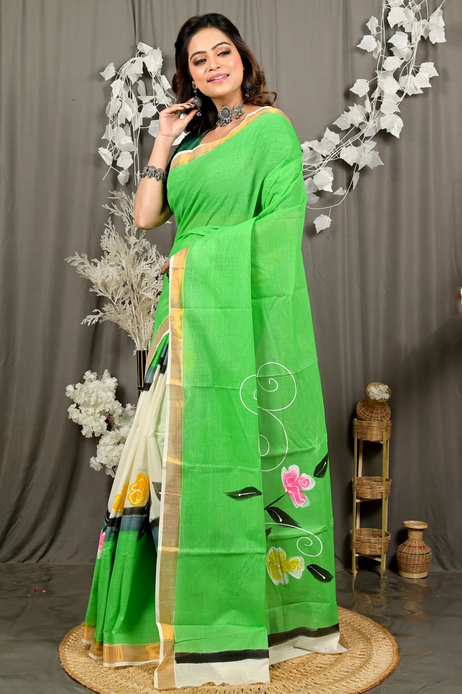 Green Pure Cotton Hataka Hand Painted Saree (9093)