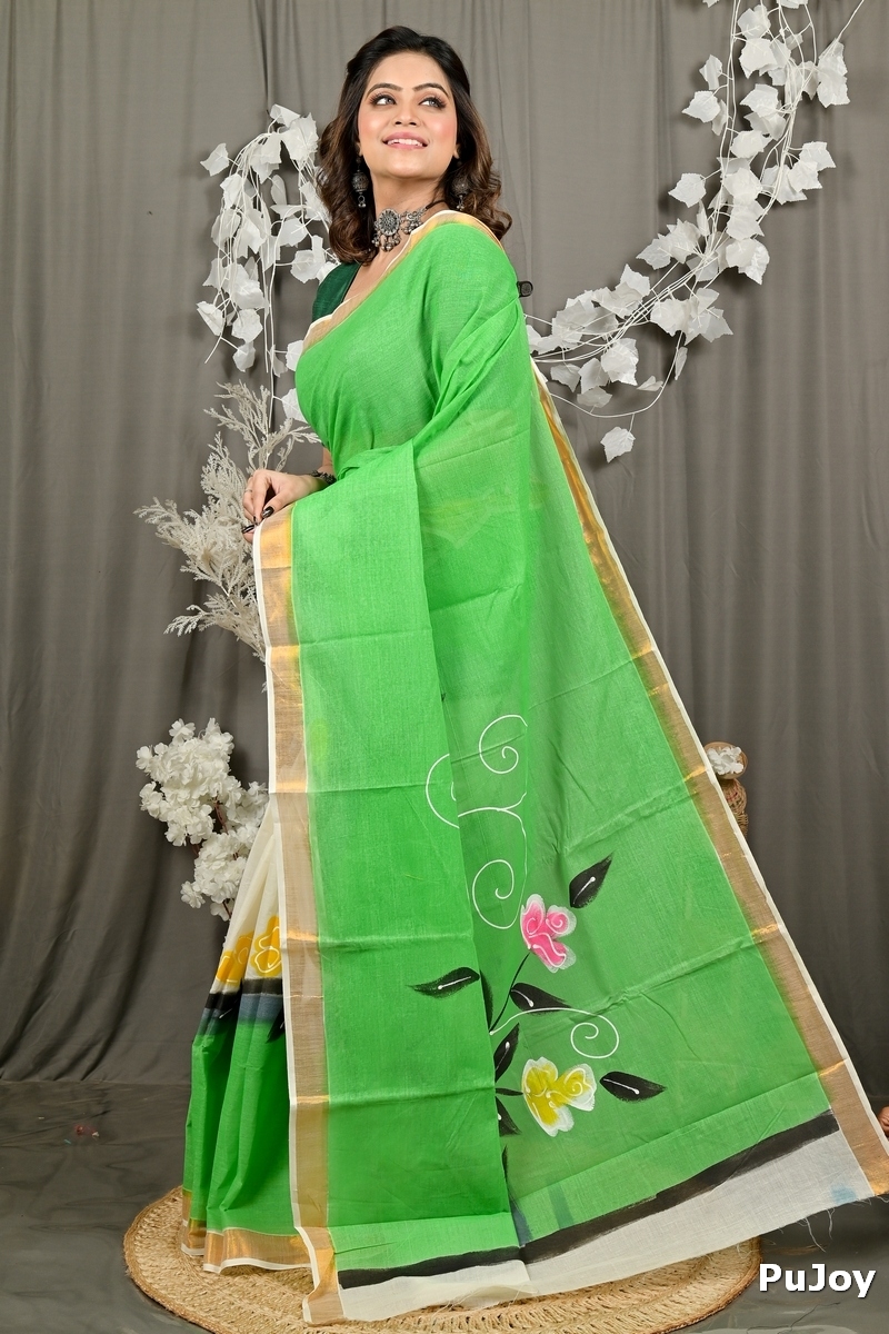 Green Pure Cotton Hataka Hand Painted Saree (9093)