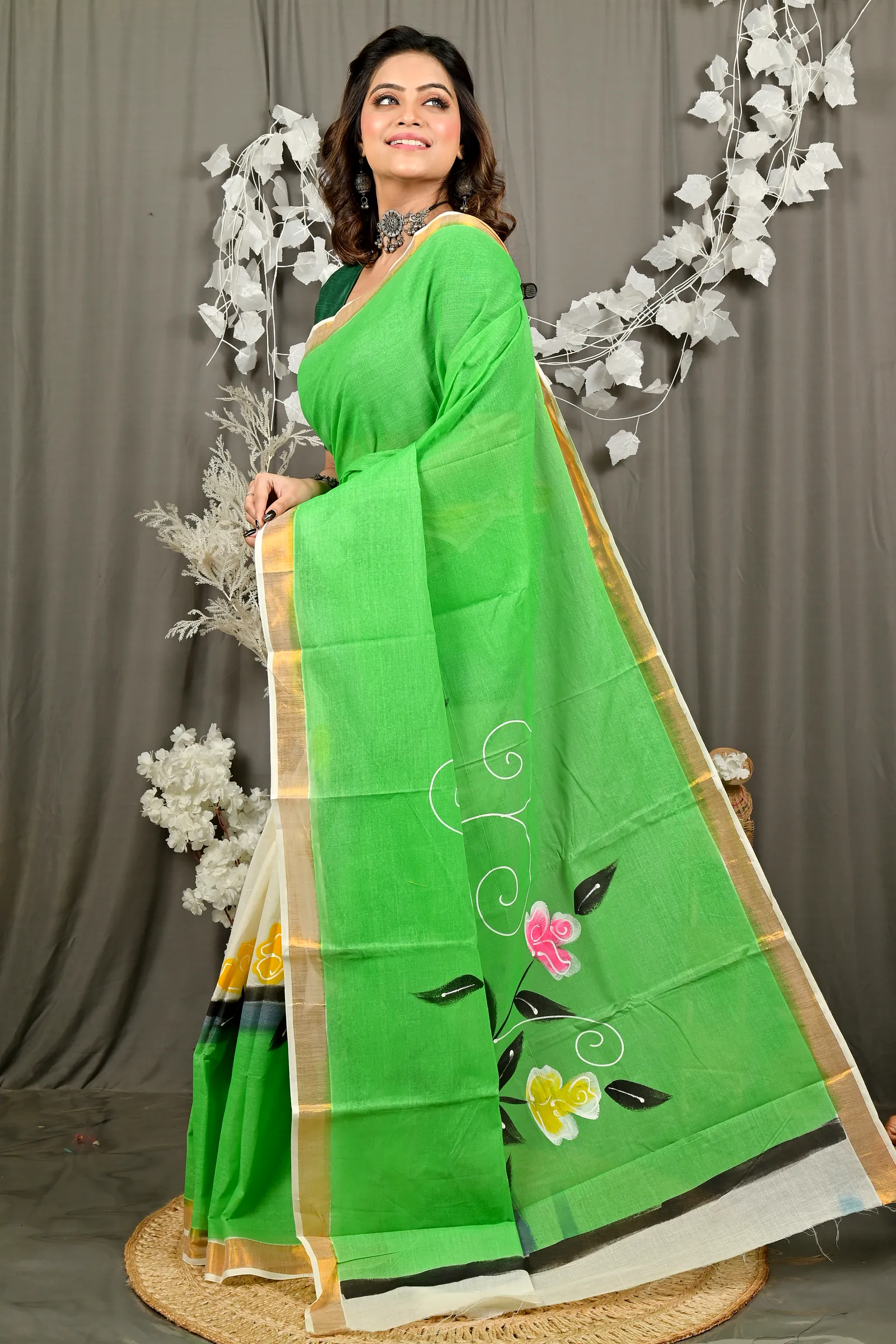 Green Pure Cotton Hataka Hand Painted Saree (9093)