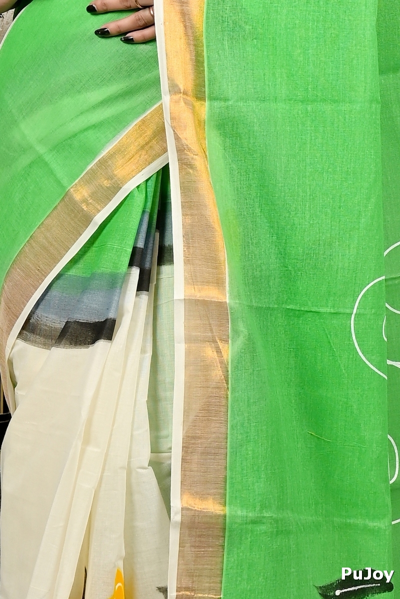 Green Pure Cotton Hataka Hand Painted Saree (9093)