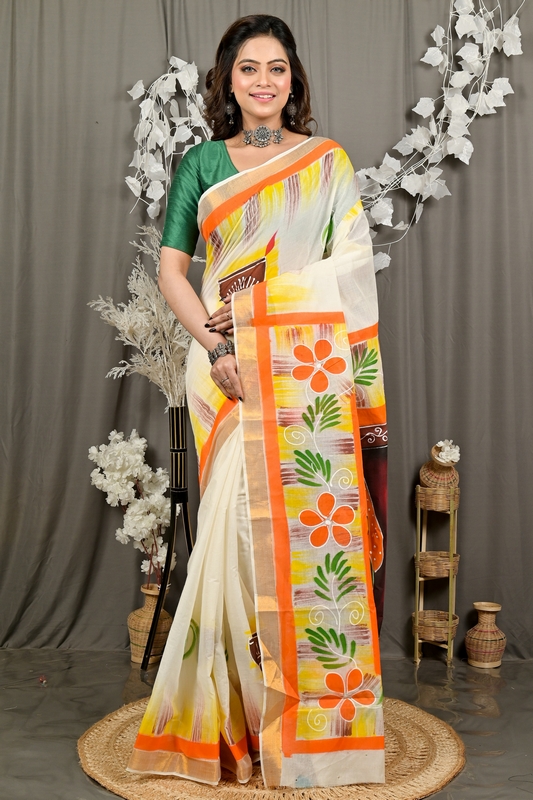 Multi-Coloured Pure Cotton Hataka Hand Painted Saree (9094)