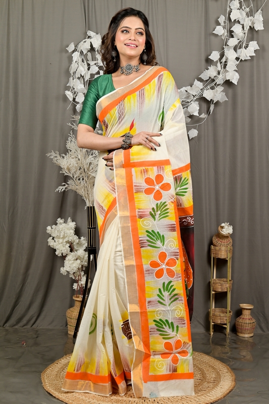 Multi-Coloured Pure Cotton Hataka Hand Painted Saree (9094)