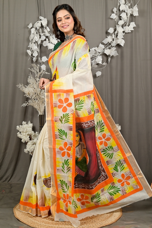 Multi-Coloured Pure Cotton Hataka Hand Painted Saree (9094)