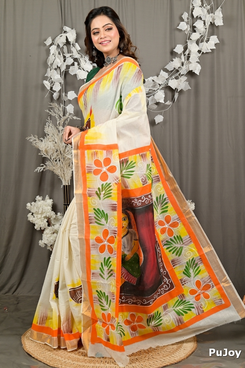 Multi-Coloured Pure Cotton Hataka Hand Painted Saree (9094)