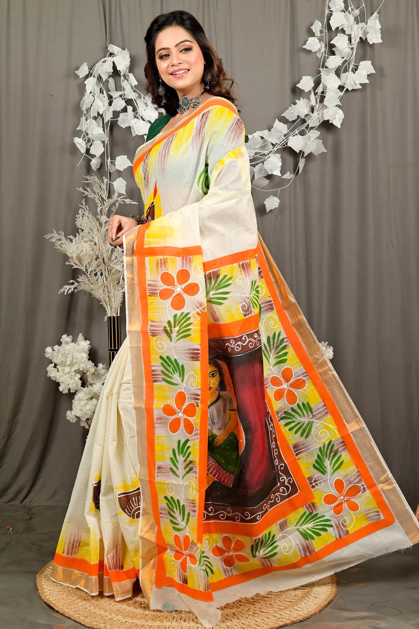 Multi-Coloured Pure Cotton Hataka Hand Painted Saree (9094)