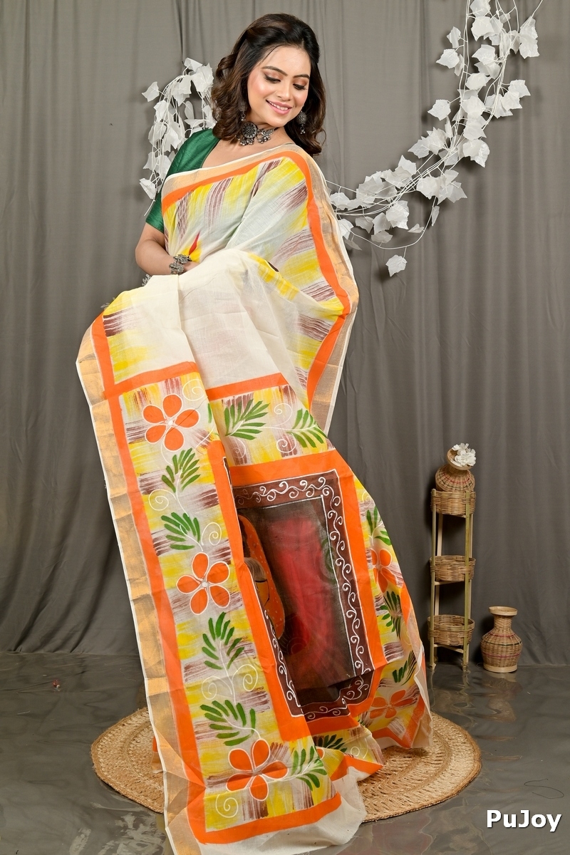 Multi-Coloured Pure Cotton Hataka Hand Painted Saree (9094)