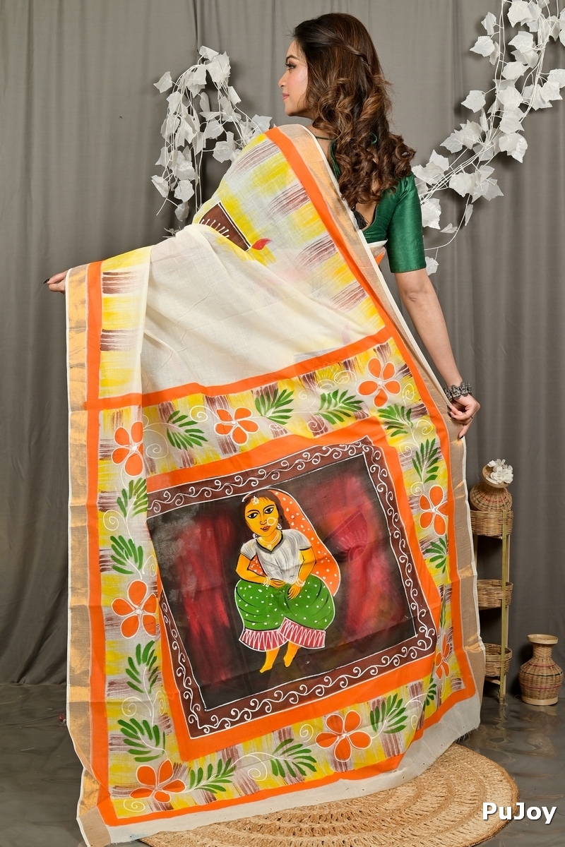 Multi-Coloured Pure Cotton Hataka Hand Painted Saree (9094)