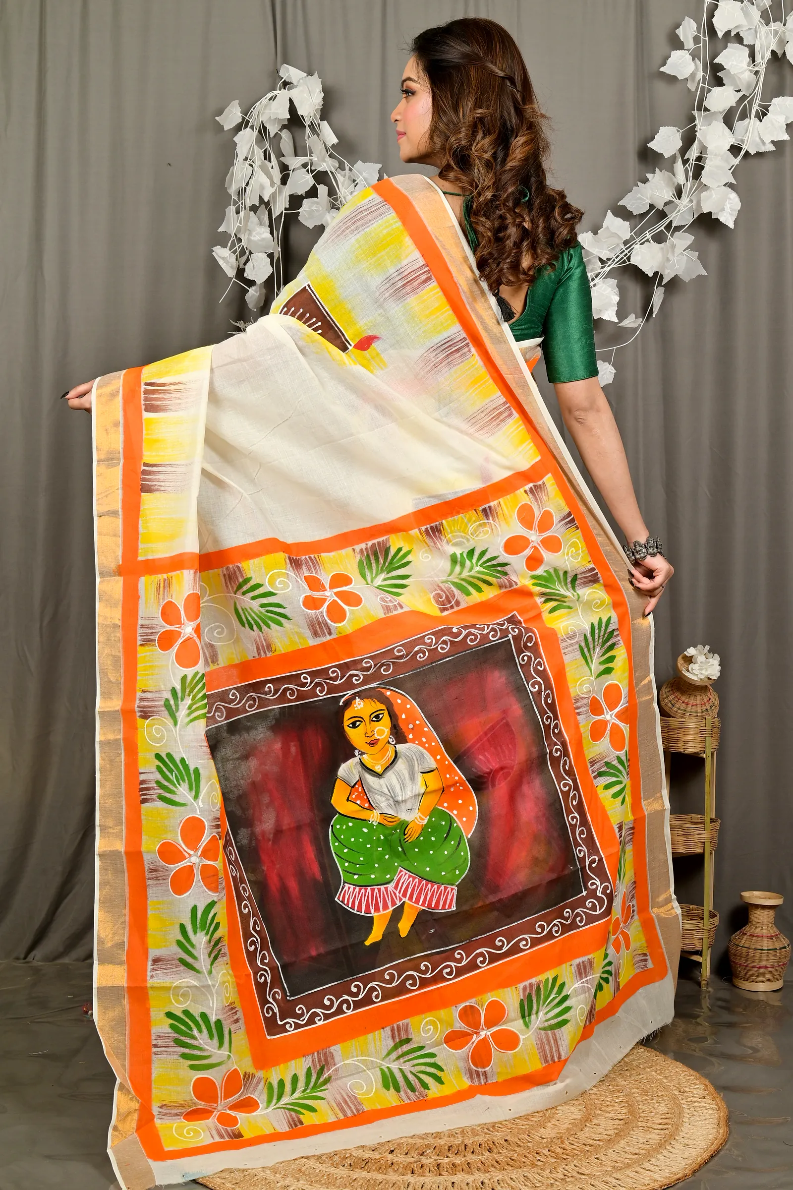 Multi-Coloured Pure Cotton Hataka Hand Painted Saree (9094)