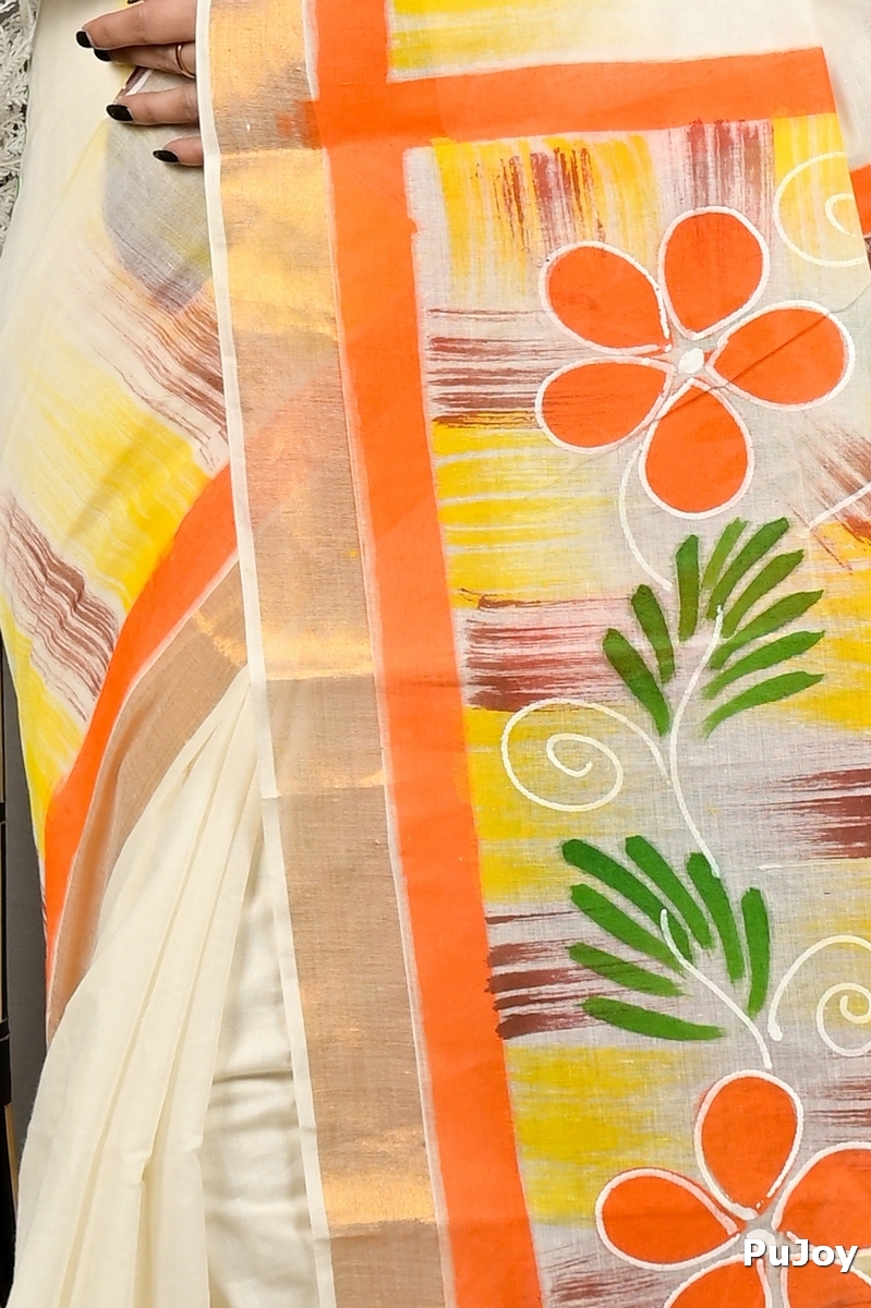 Multi-Coloured Pure Cotton Hataka Hand Painted Saree (9094)