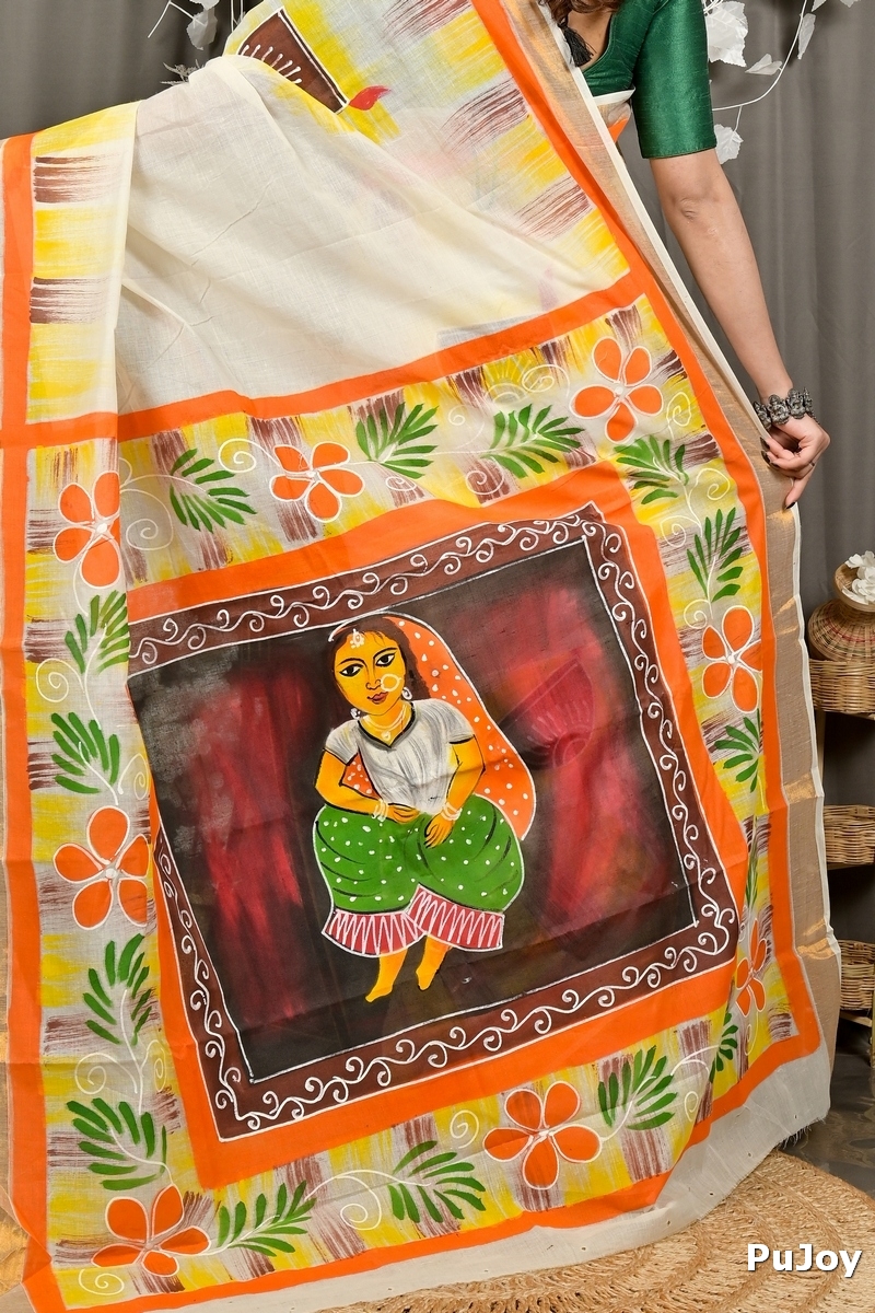 Multi-Coloured Pure Cotton Hataka Hand Painted Saree (9094)