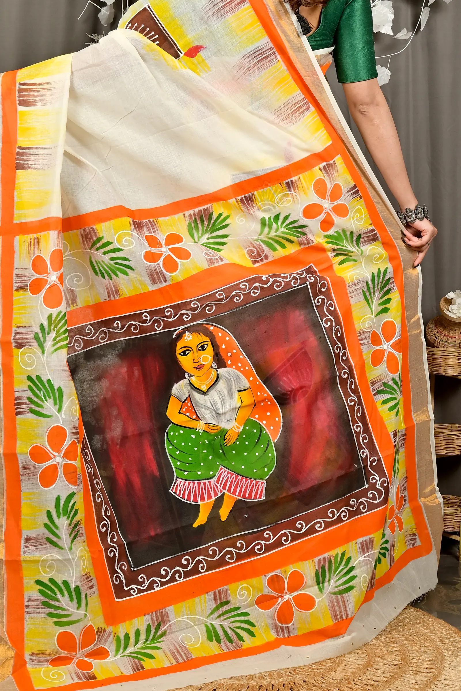 Multi-Coloured Pure Cotton Hataka Hand Painted Saree (9094)