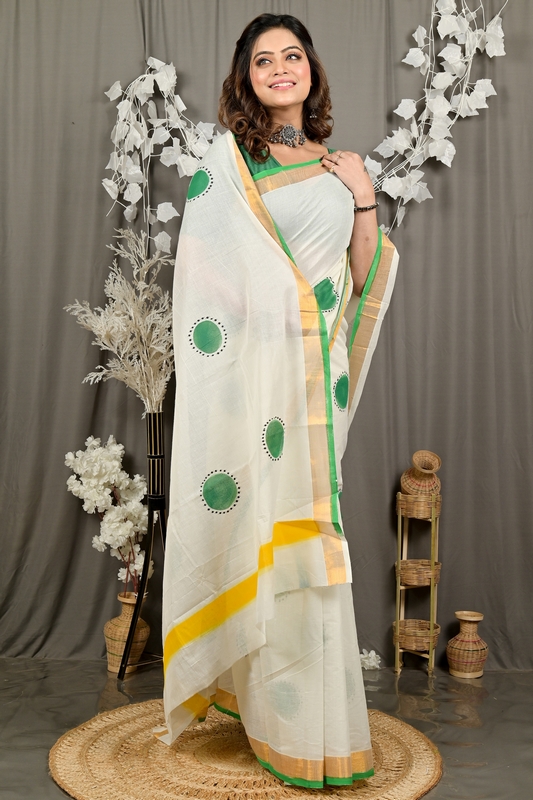 Multi-Coloured Pure Cotton Hataka Hand Painted Saree (9095)