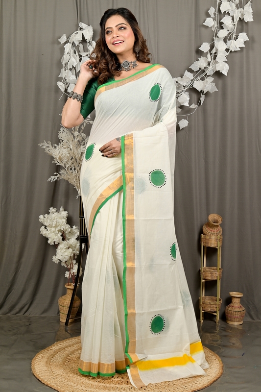 Multi-Coloured Pure Cotton Hataka Hand Painted Saree (9095)